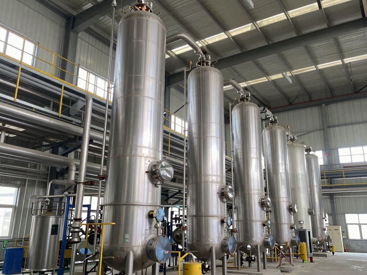 Interior of a sulfur and thiosulfate fertilizer plant with stainless absorption tanks and process piping