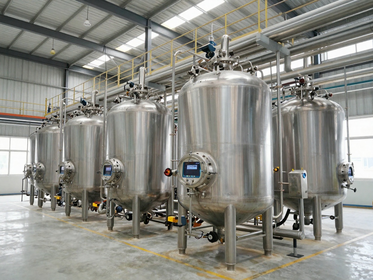 Interior of a coating and resin production plant with stainless alkyd reactor vessels and process piping