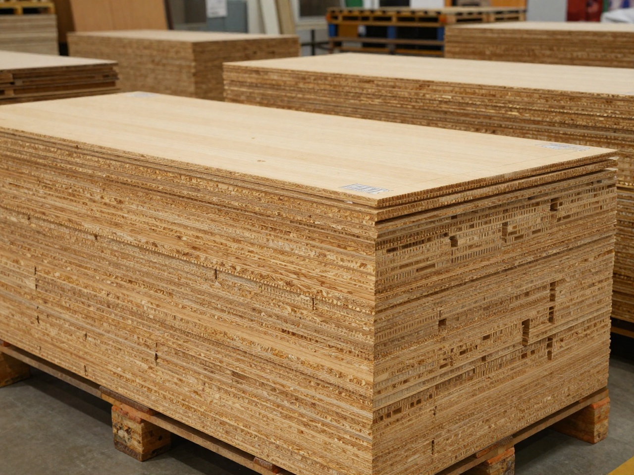 Stacks of MDF and particleboard composite wood panels in a factory