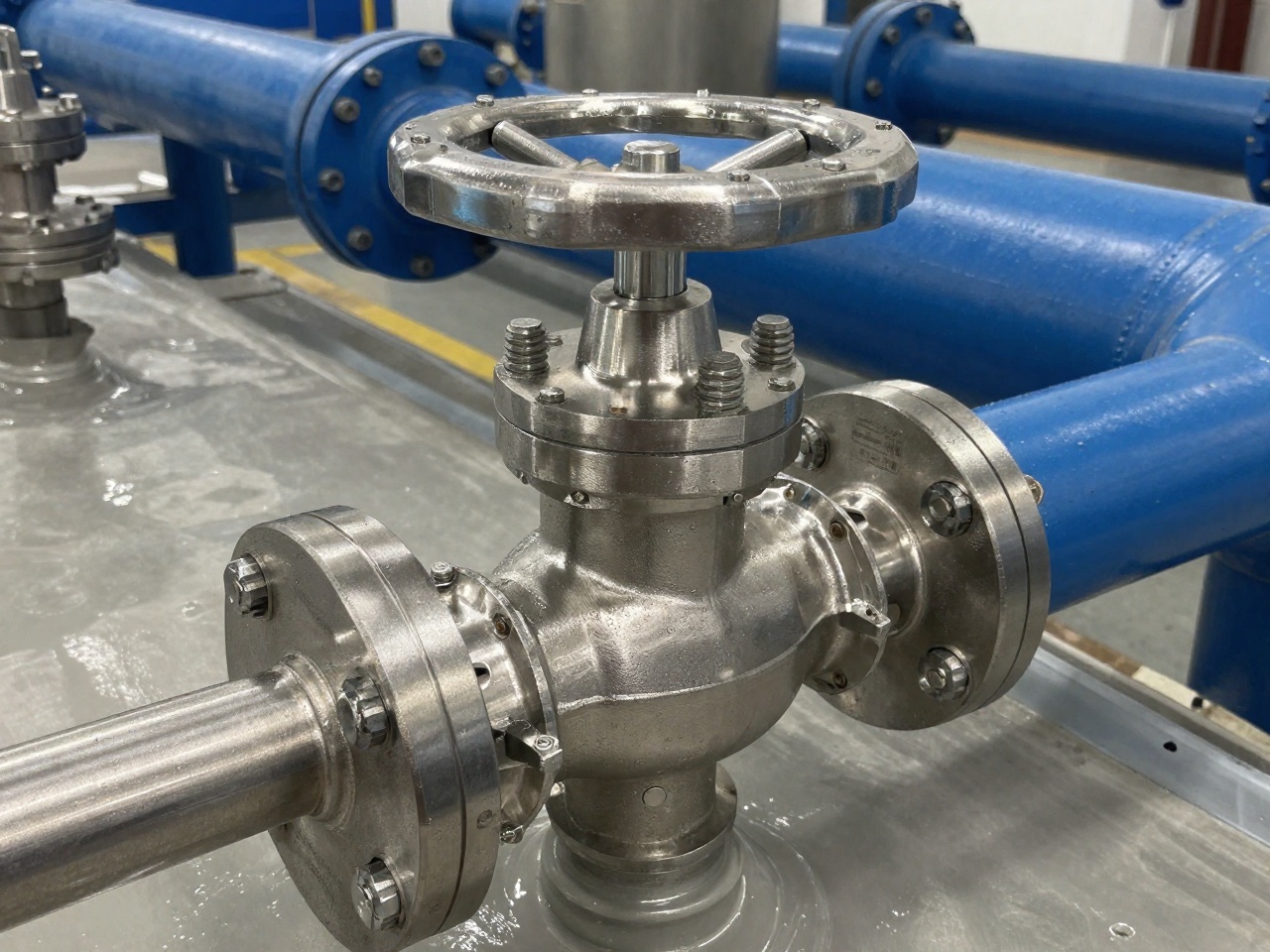 Sampling valve and flange on a stainless epoxy or prepolymer reactor line