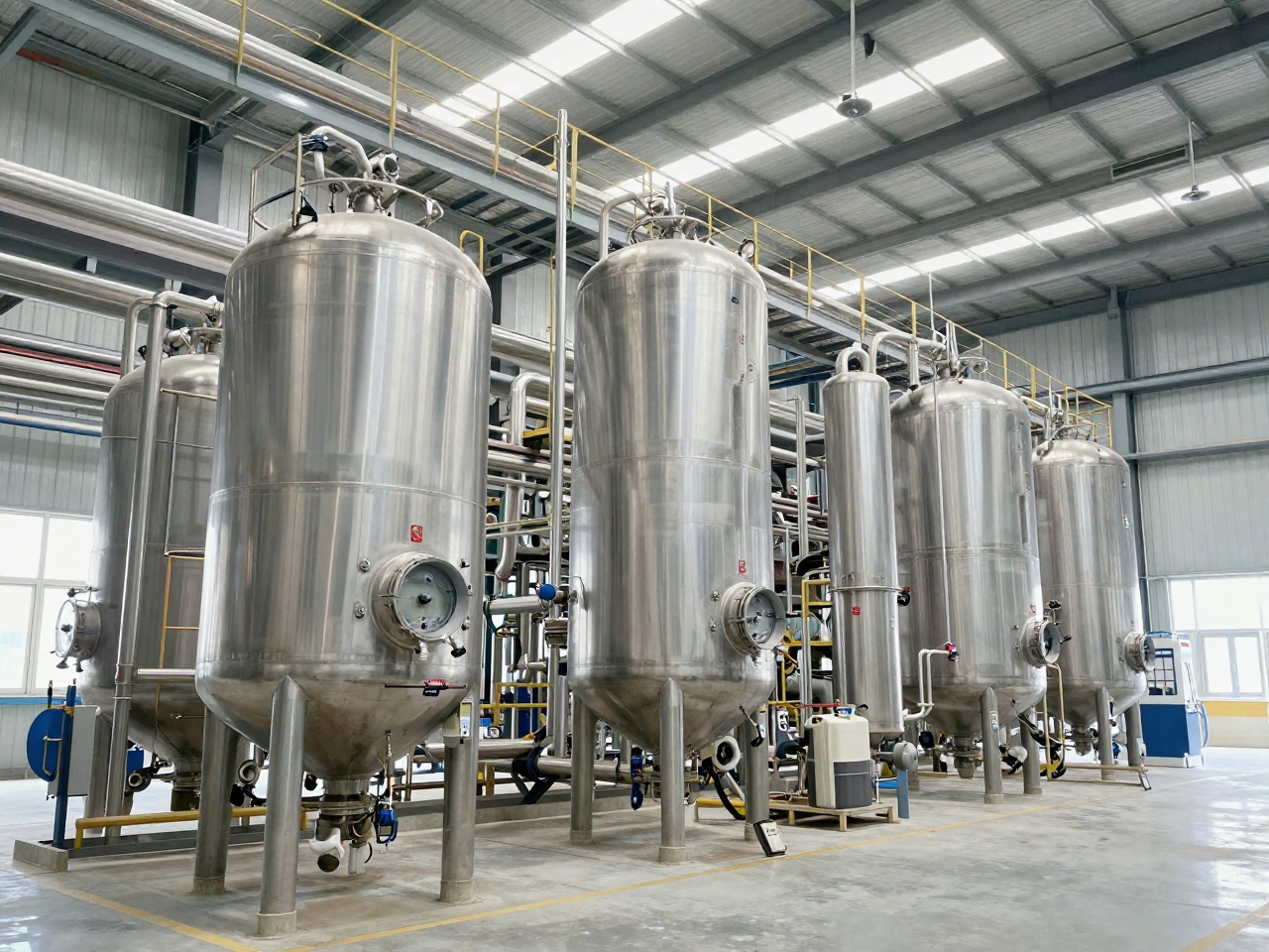 Interior of a nitrogen fertilizer and DEF/AdBlue plant with stainless tanks and process piping