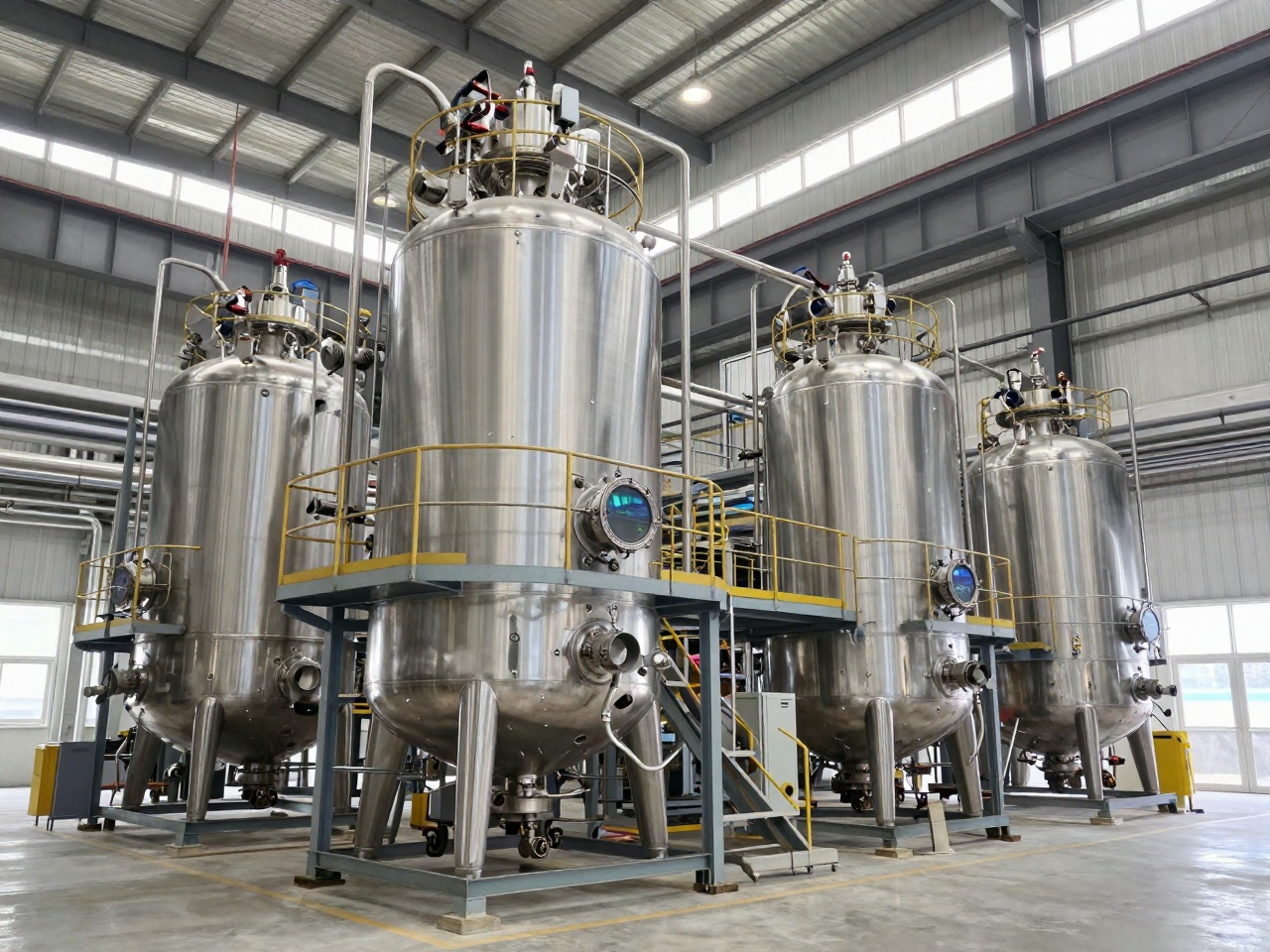 Interior of a resin manufacturing plant with stainless reactor vessels