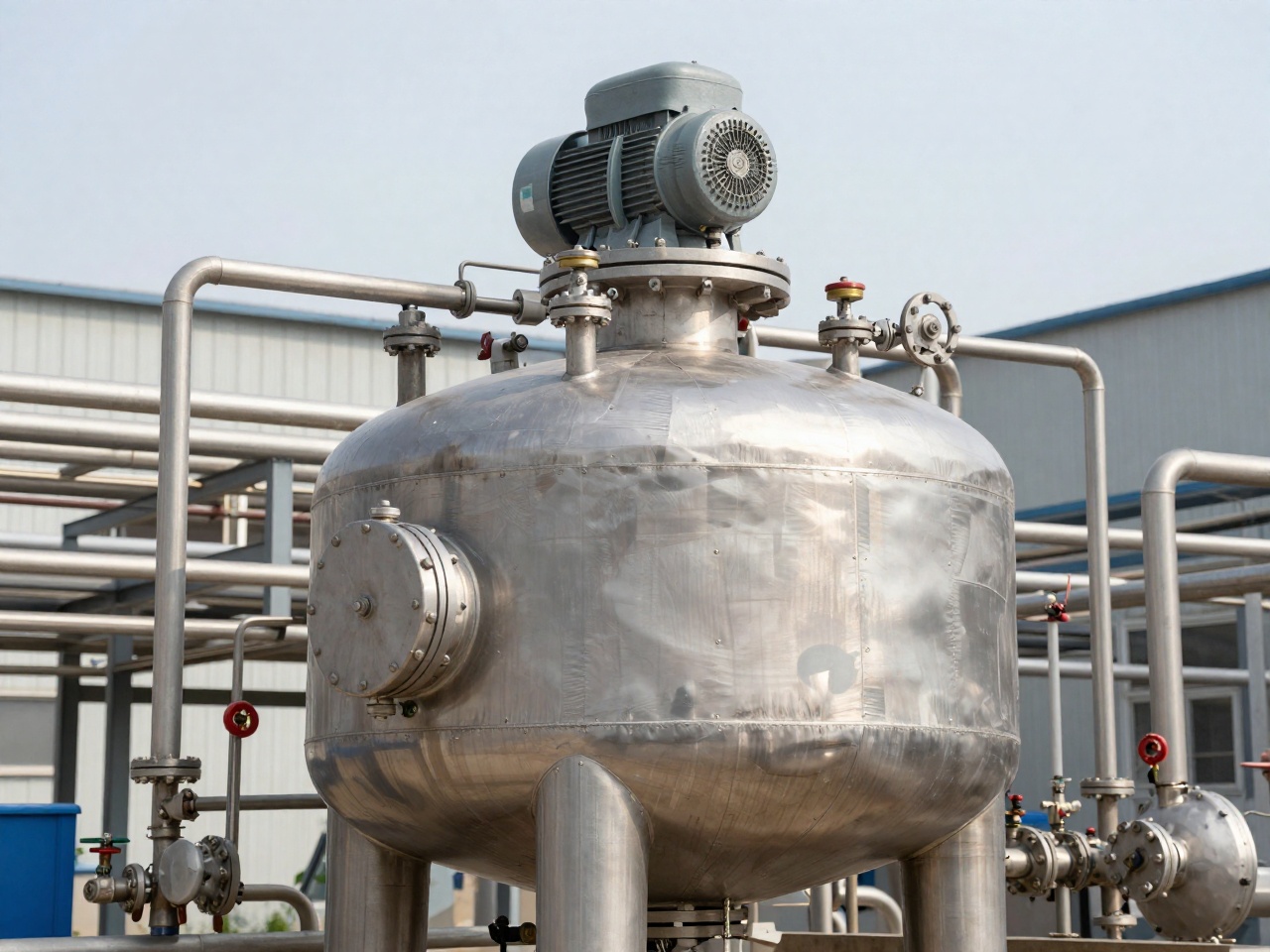 Stainless steel urea-formaldehyde resin reactor with agitator at a chemical plant