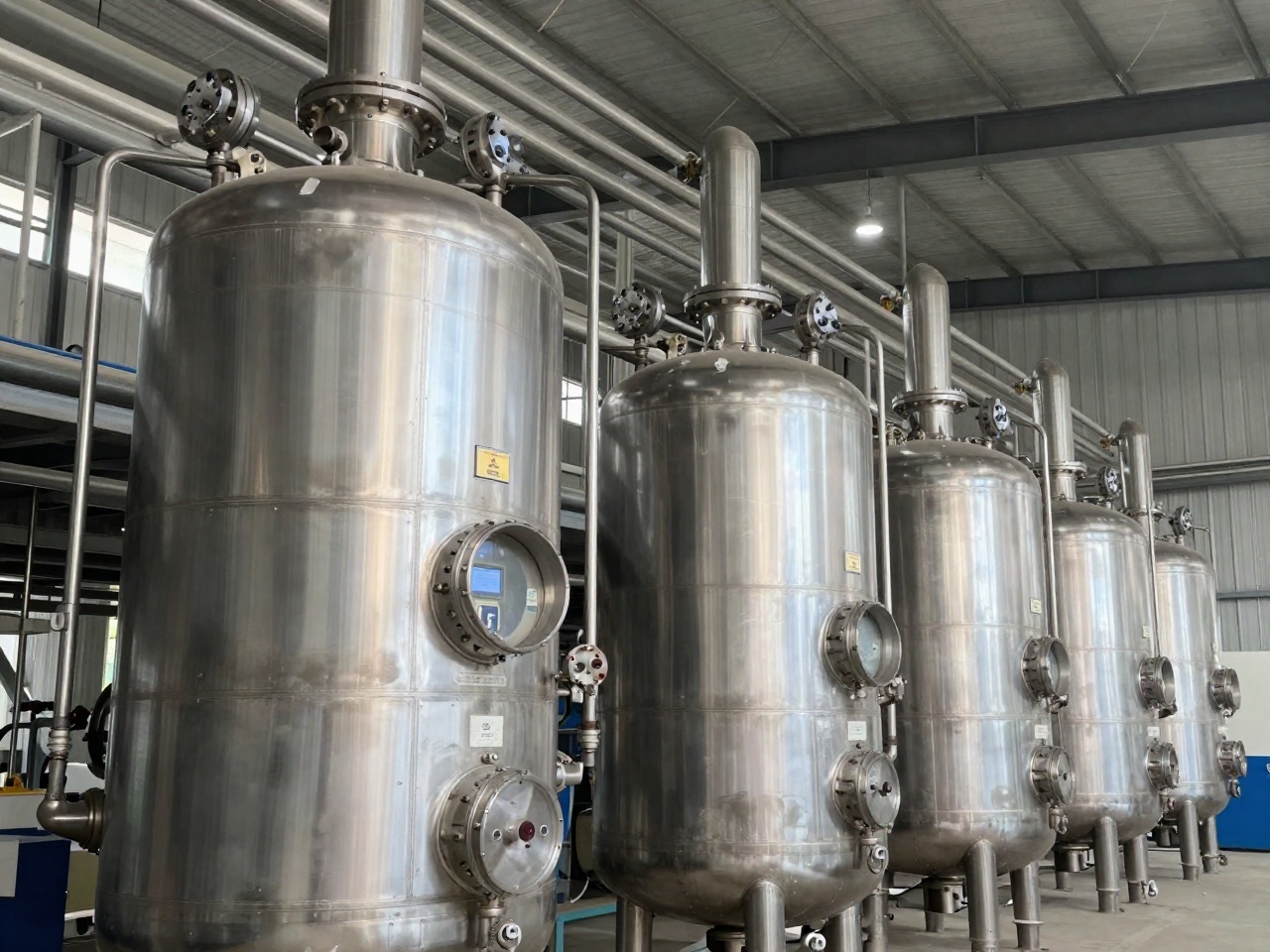 Bank of stainless steel condensation reactors in a resin production plant