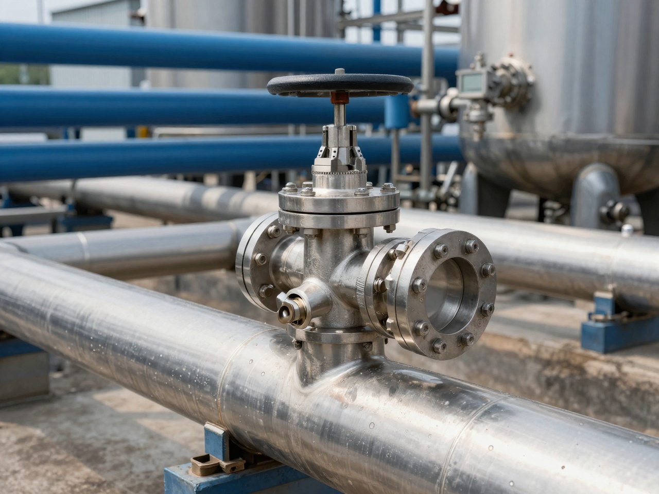 Sampling valve and flange on a stainless resin reactor line