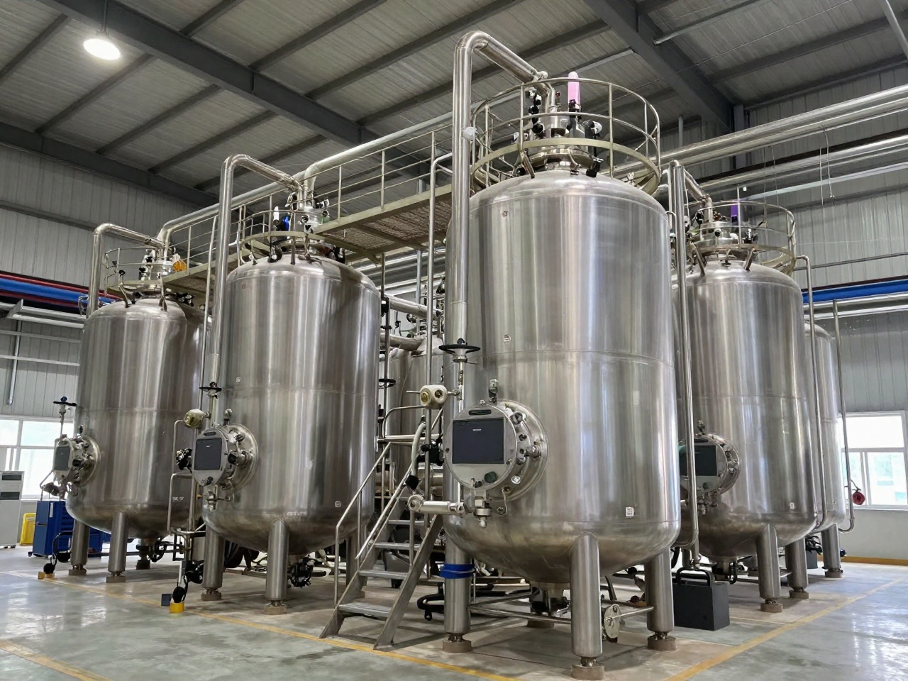 Interior of a reactive-resin production hall with stainless epoxy and prepolymer reactor vessels and process piping
