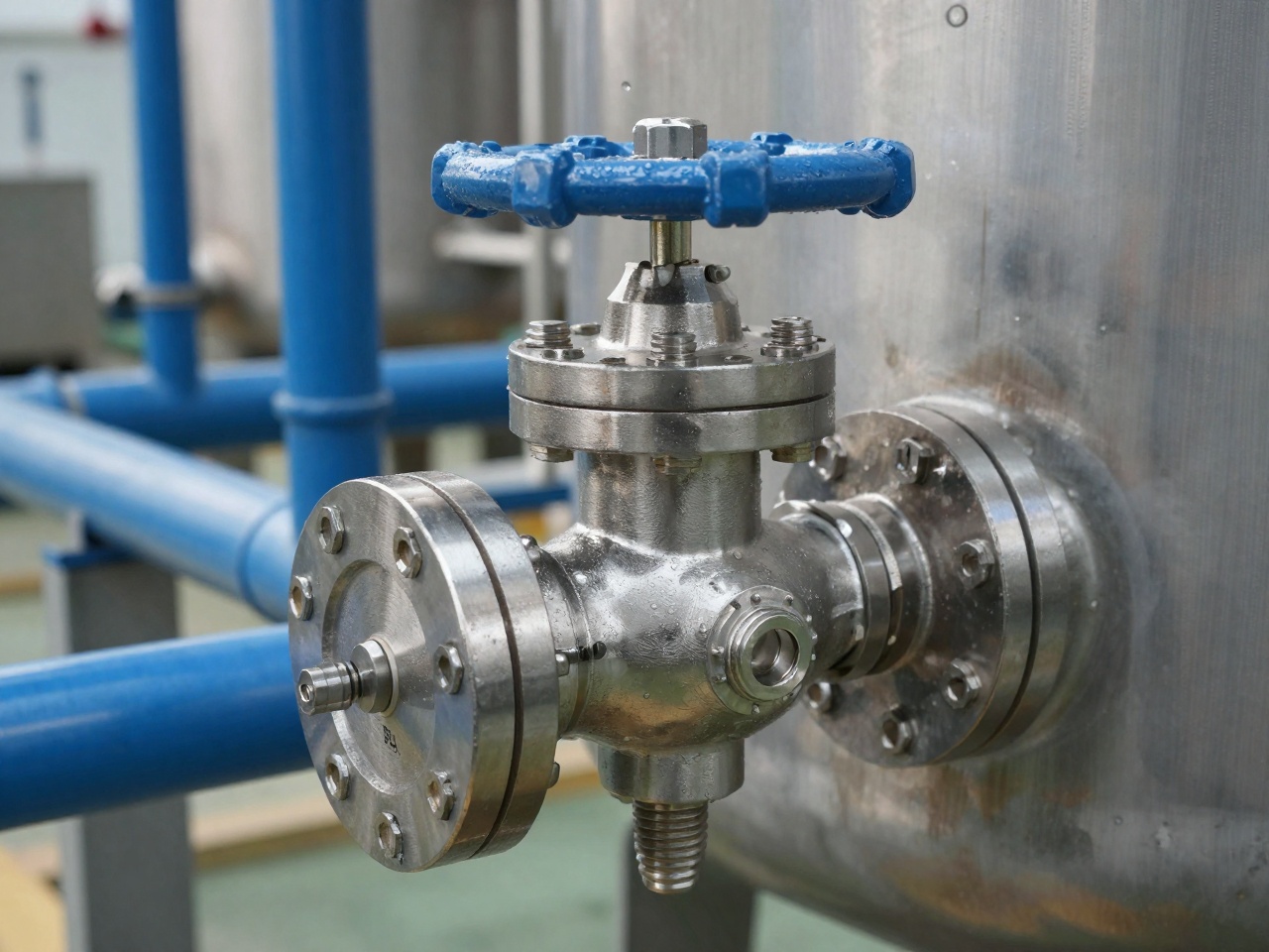 Sampling valve and flange on a stainless alkyd resin reactor line