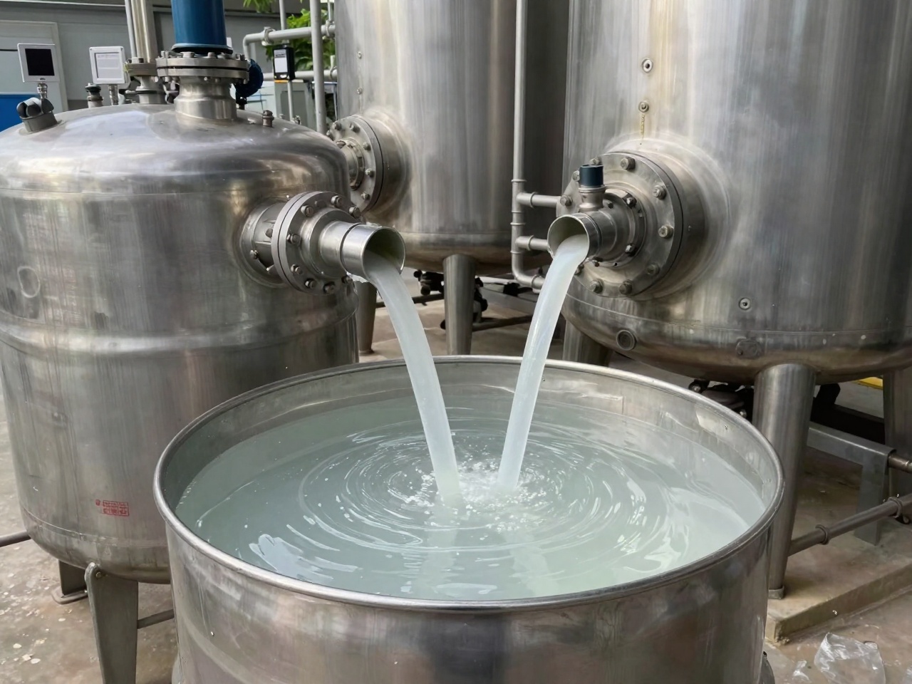 Silicone fluid production plant with stainless PDMS reactors and fluid storage tanks