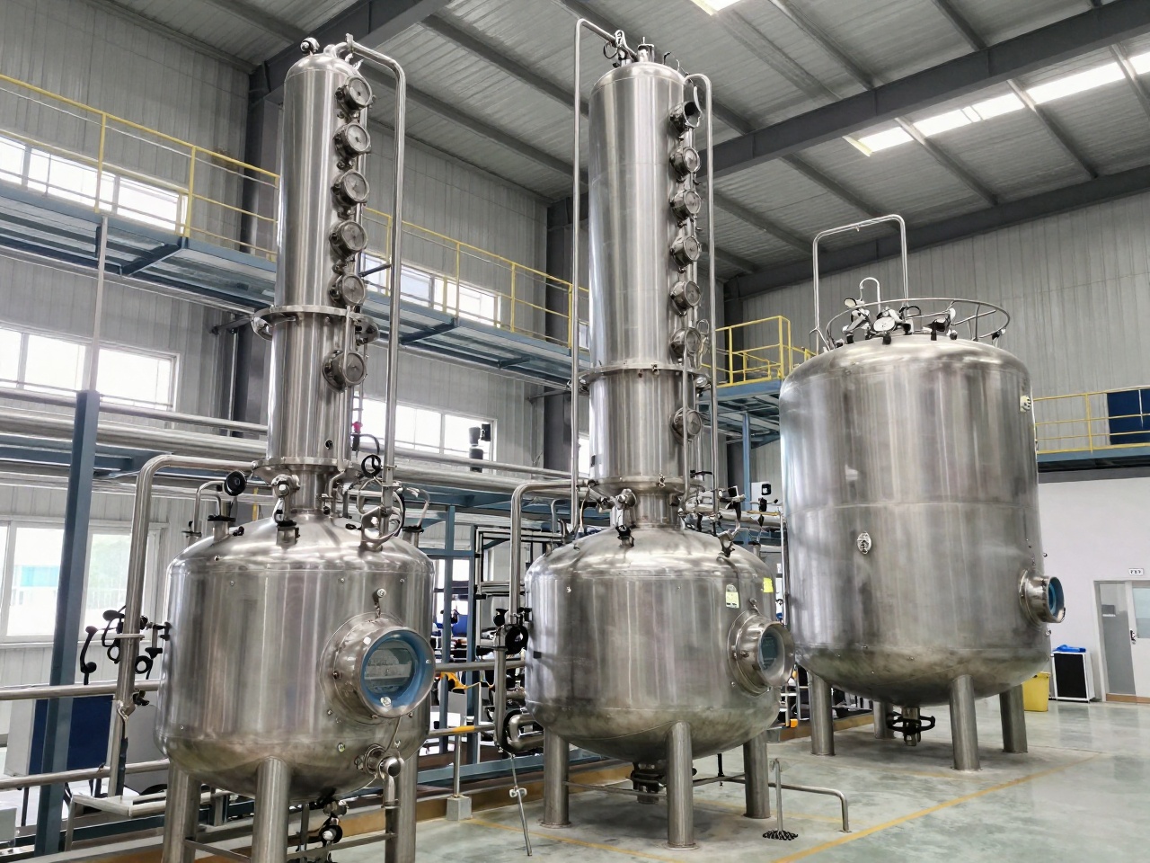 Interior of a silicone production hall with stainless siloxane reactor vessels and process piping