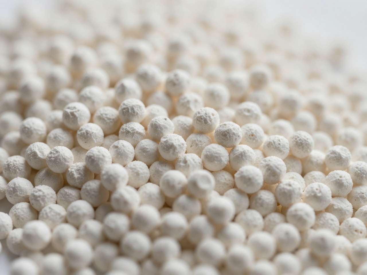White urea fertilizer prills and granules on a stainless inspection surface
