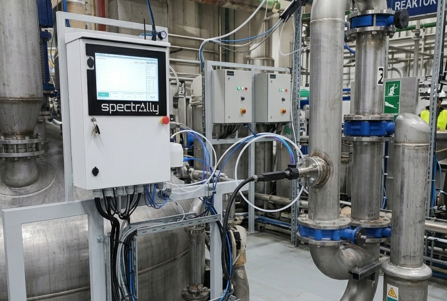 Spectrally X1 INLINE analyzer mounted on a plant stand with process piping